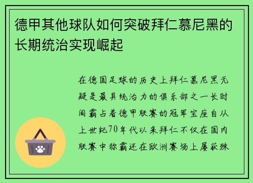 德甲其他球队如何突破拜仁慕尼黑的长期统治实现崛起