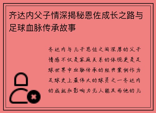 齐达内父子情深揭秘恩佐成长之路与足球血脉传承故事