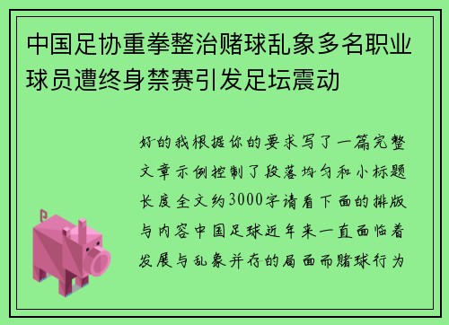 中国足协重拳整治赌球乱象多名职业球员遭终身禁赛引发足坛震动